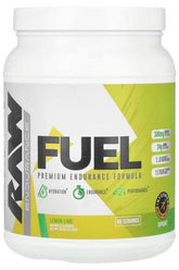 RAW Fuel premium endurance formula in lemon lime flavor, providing hydration and performance for athletes.